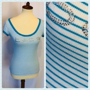 Bebe Swarovski Logo Short Sleeve Tee striped L